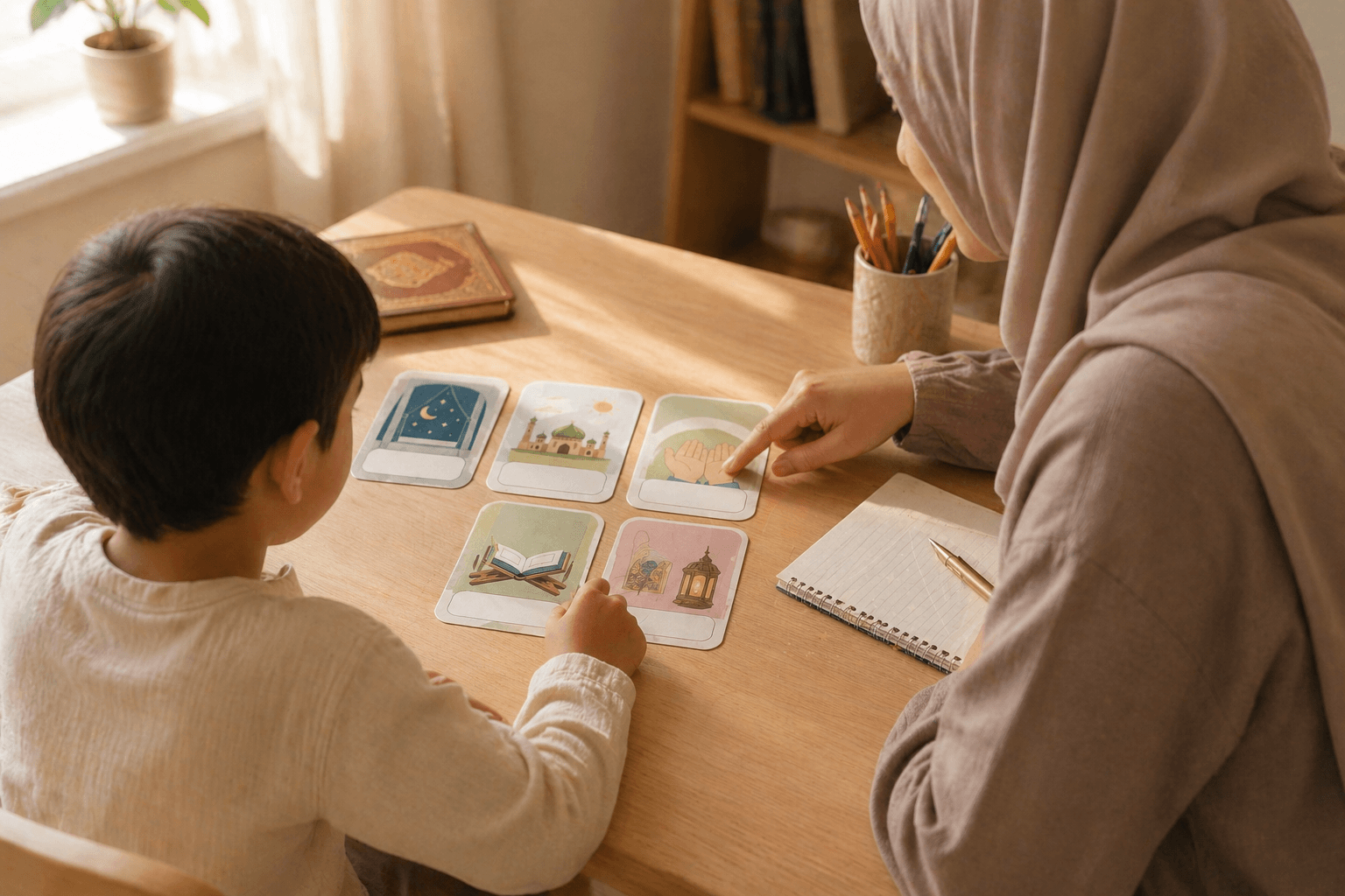 Parent helping child with Islamic dua cards