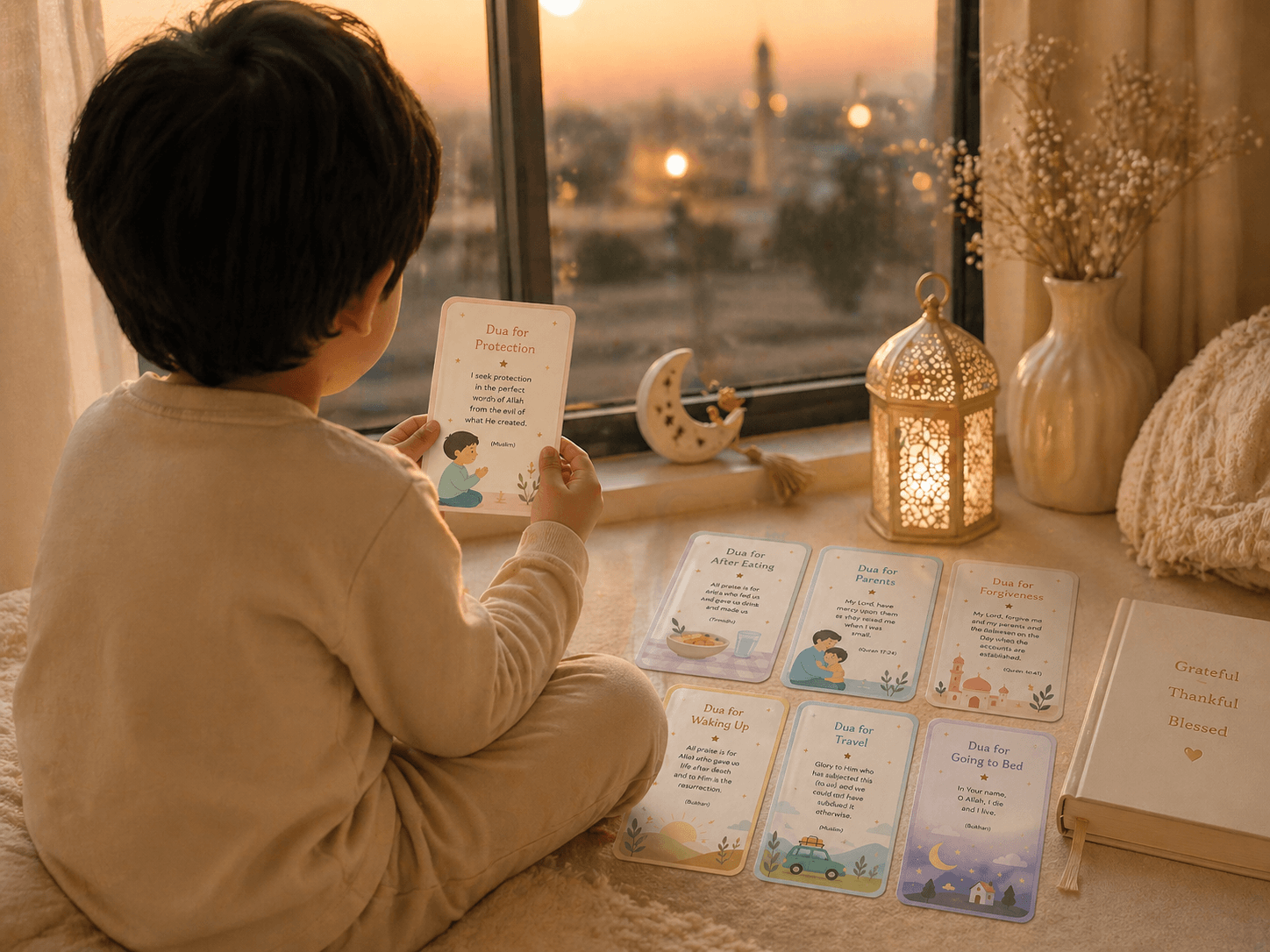 Child using dua card in a peaceful daily routine