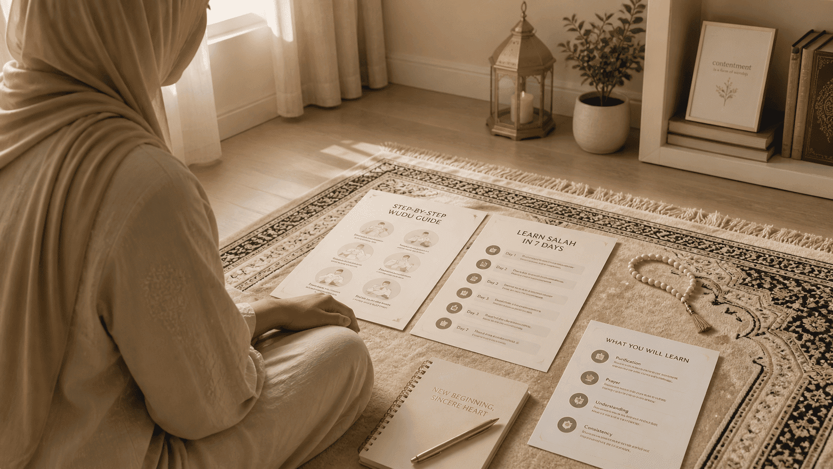 Beginner Muslim prayer learning scene