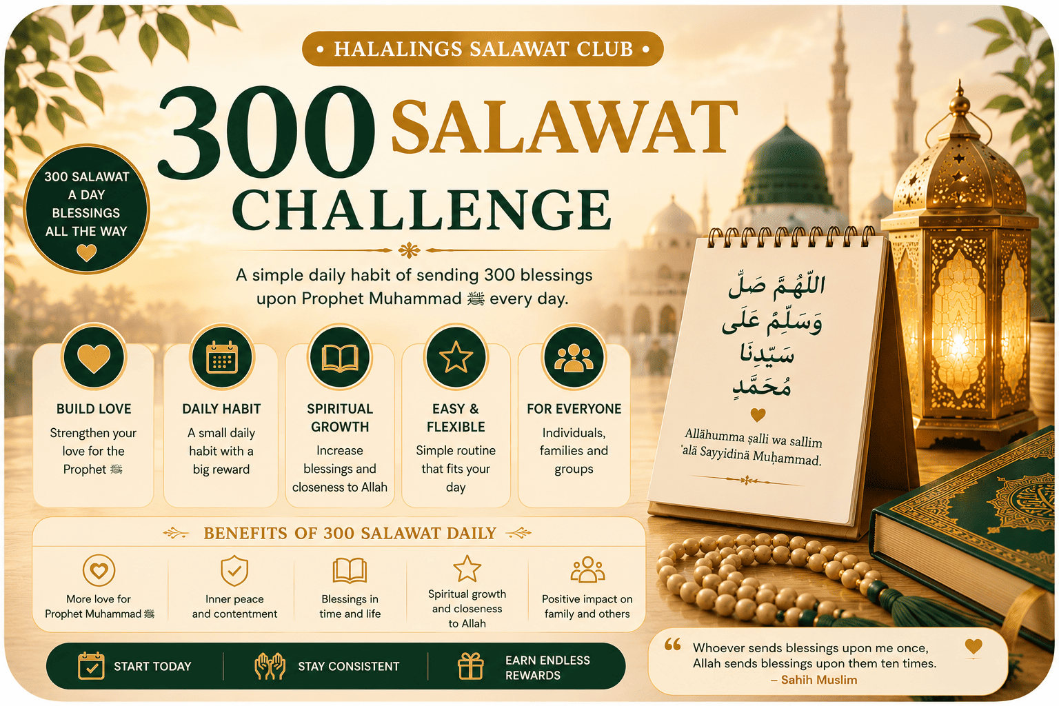 300 Salawat Challenge daily routine for sending blessings upon Prophet Muhammad ﷺ
