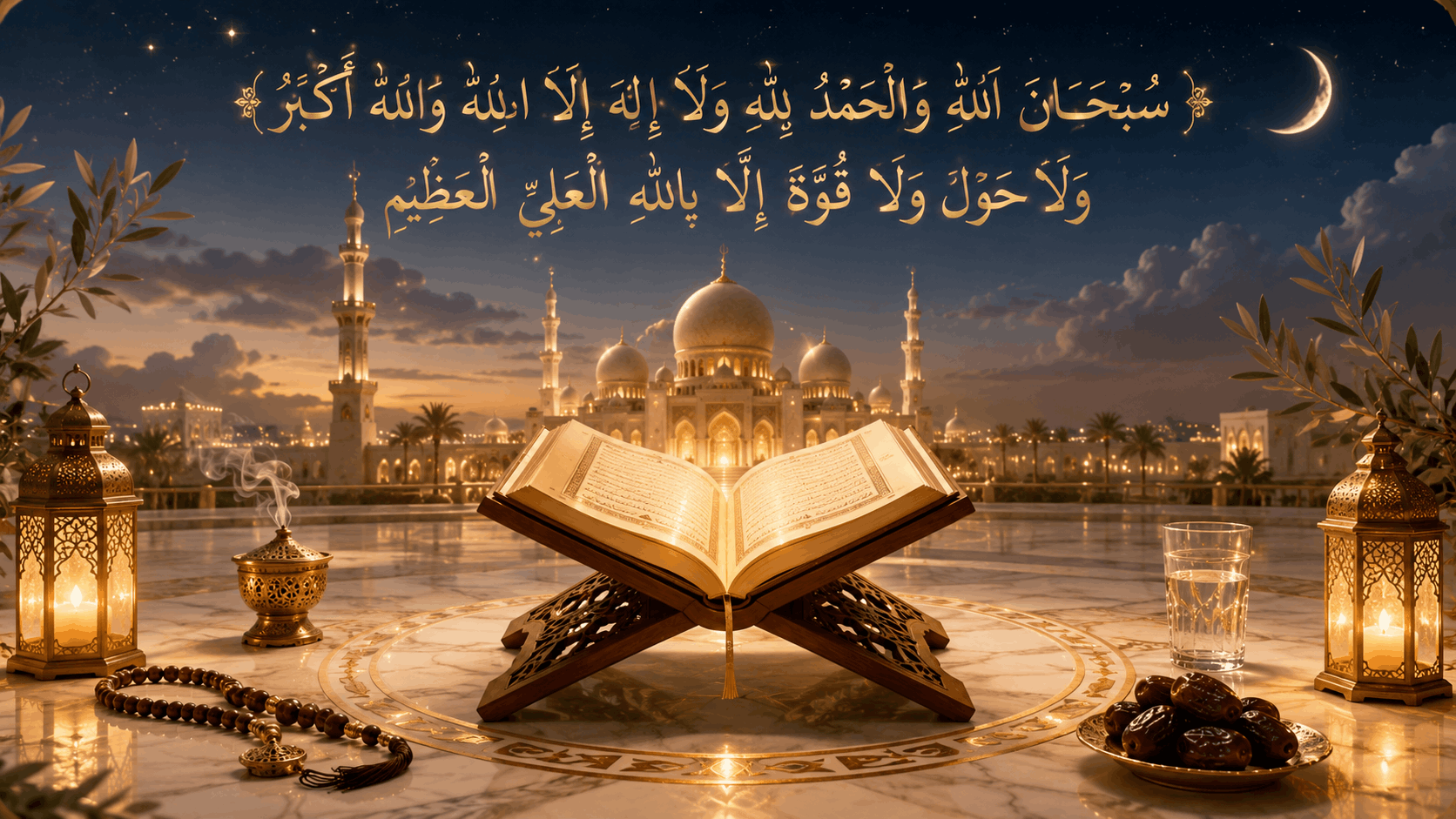 Ashura Night Dhikr with Quran, prayer beads, mosque lanterns and peaceful remembrance before Ashura