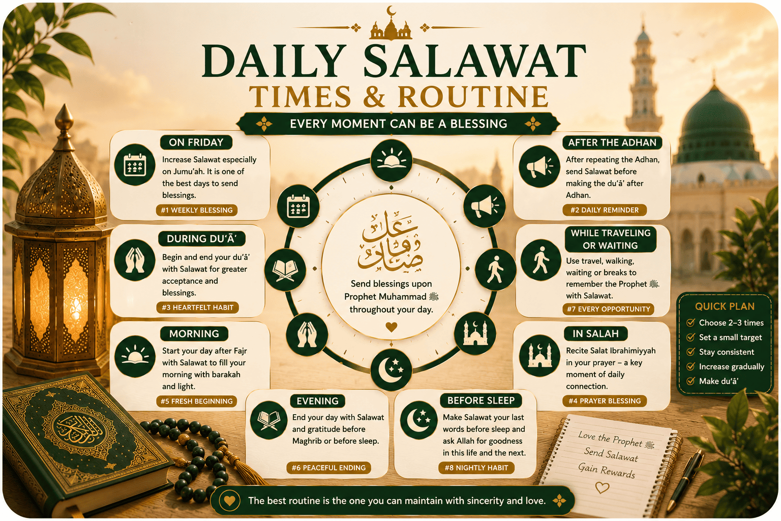Daily routine showing the best times to recite Salawat throughout the day
