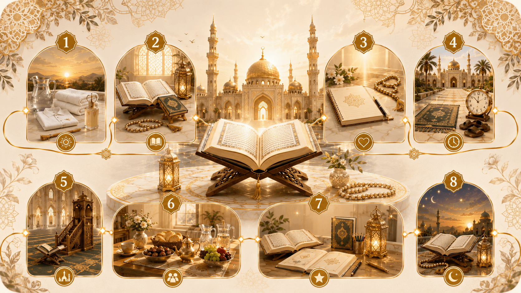 Friday family routine daily practice with Jumu'ah preparation, Qur'an reading, salawat, Islamic learning, family meal and du'a