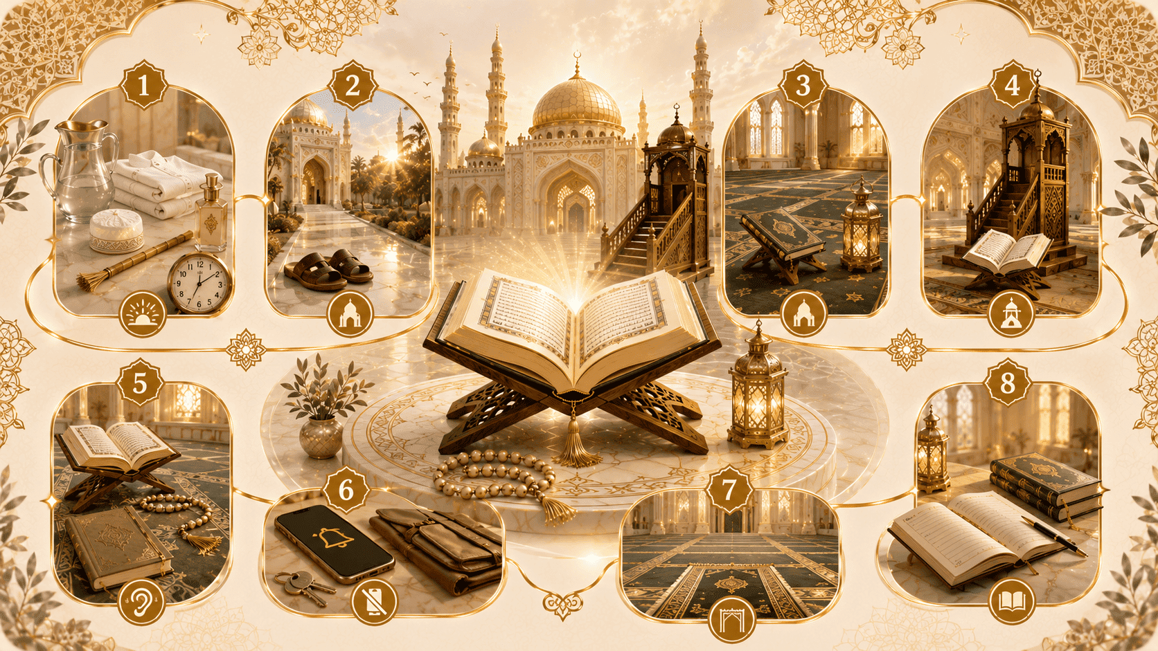 Friday Khutbah Etiquette daily practice showing early mosque arrival, silent listening, phone avoidance and respectful Jumu'ah conduct