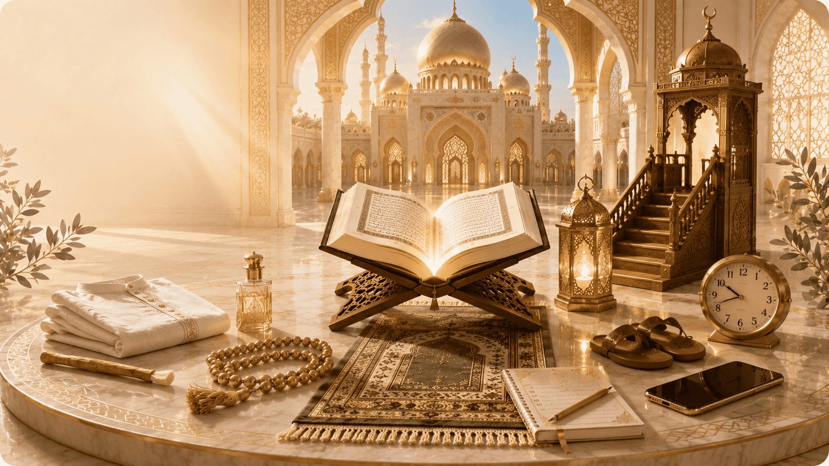 Friday Khutbah Etiquette guide showing a mosque minbar, Qur'an, prayer rows and attentive listening during Jumu'ah