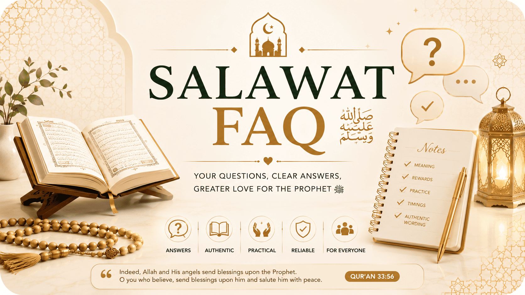 Salawat FAQ with answers about meaning, rewards, daily practice, Friday, wudu, and authentic wording